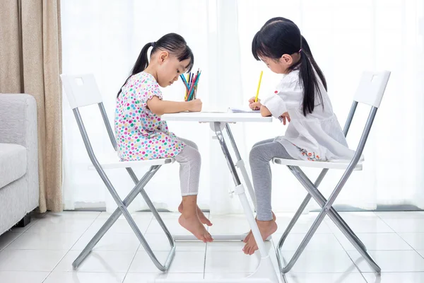 Asian Little Chinese Sisters Doing Homework Home — Stock Photo, Image