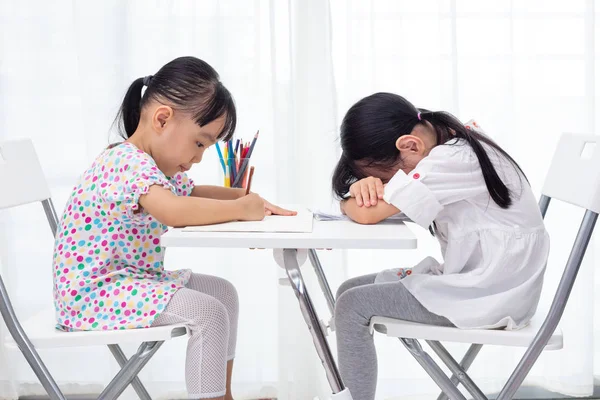 Asian Little Chinese Sisters Doing Homework Home — Stock Photo, Image