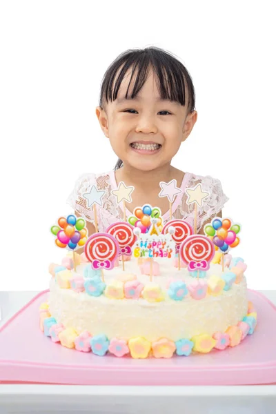 Asiatique Petite Fille Chinoise Célébrant Anniversaire Dans Fond Blanc Isolé — Photo
