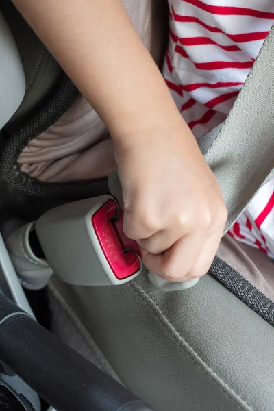 Children Hand Fastening Seat Belt Car — Stock Photo, Image