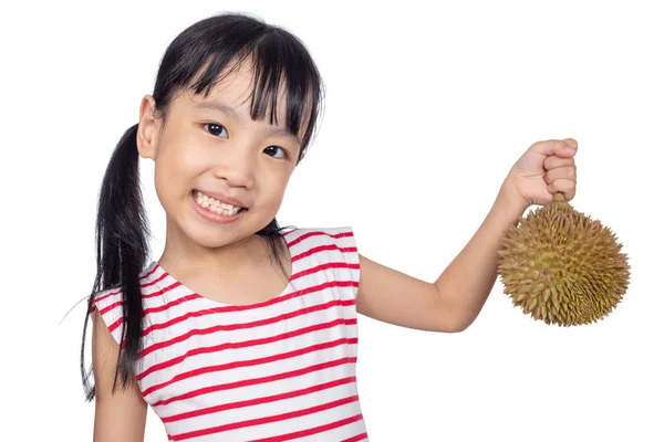 Asiática China Niña Sosteniendo Durian Fruta Aislado Blanco Fondo — Foto de Stock