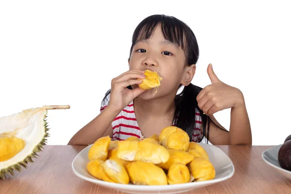 Asiática China Niña Comiendo Durian Fruta Aislado Blanco Fondo — Foto de Stock