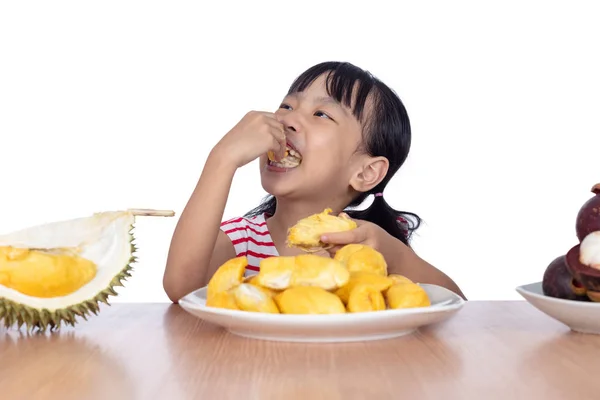 Asiática China Niña Comiendo Durian Fruta Aislado Blanco Fondo — Foto de Stock