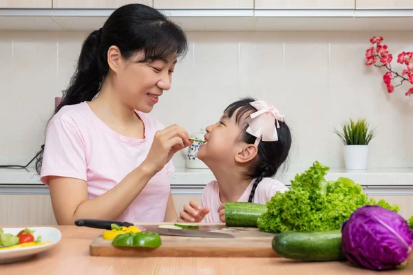 Asiatisk Kinesisk Mor Datter Som Lager Salat Kjøkkenet Hjemme – stockfoto