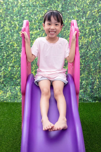 Asian Chinese Little Girl Playing Slide Outdoor Playground — Stock Photo, Image