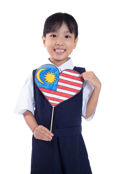 Asian Chinese Little Girl Holding Malaysian Flag Isolated White Background — Stock Photo, Image