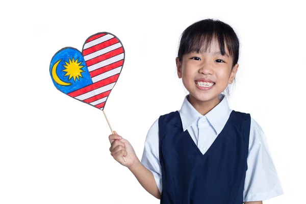 Asian Chinese Little Girl Holding Malaysian Flag Isolated White Background — Stock Photo, Image