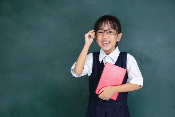 Asian Chinese Little Girl Uniform Standing Green Blackboard Classroom — Stock Photo, Image