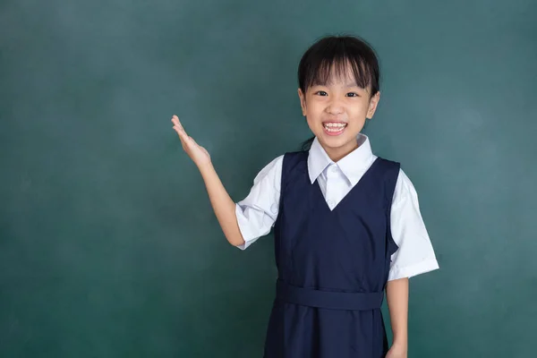 Asian Chinese Little Girl Standing Front Green Blackboard Classroom — Stock Photo, Image