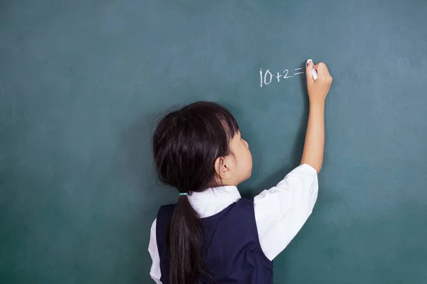 Asian Chinese Little Girl Writing Blackboard Classroom — Stock Photo, Image