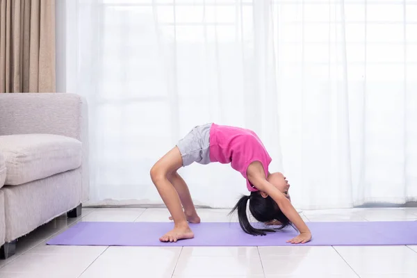 Asian Chinese Little Girl Practicing Yoga Pose Mat Living Room — Stock Photo, Image