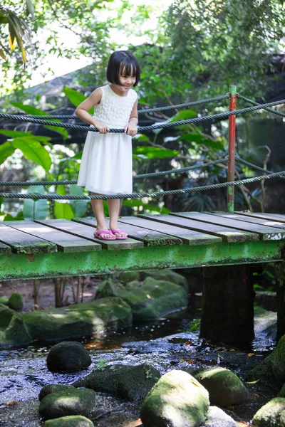 Азіатська маленька китайська дівчина стояла на дерев'яному мосту — стокове фото