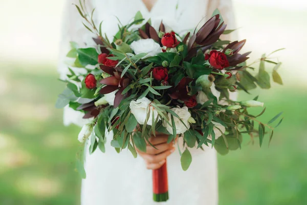 Wedding Bouquet Red Flowers Greenery Hands Bride Stock Image
