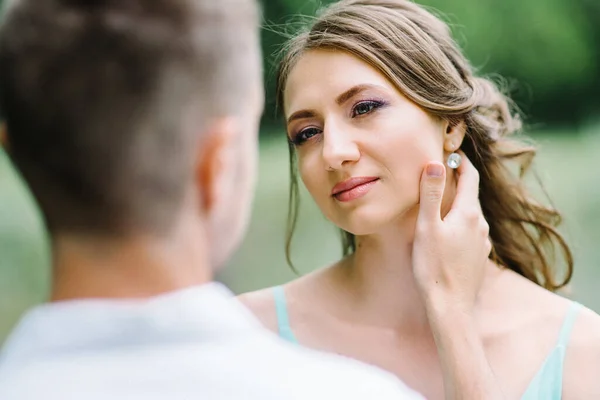 Happy Guy White Shirt Girl Turquoise Dress Bride Groom Walking — Stock Photo, Image