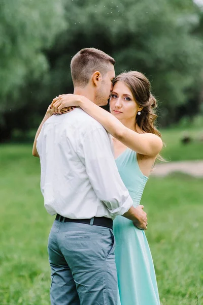 Happy Guy White Shirt Girl Turquoise Dress Bride Groom Walking — Stock Photo, Image