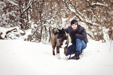 Ceketli ve örgü şapkalı bir adam Amerikan Akita köpeğiyle karlı bir ormanda yürüyor.