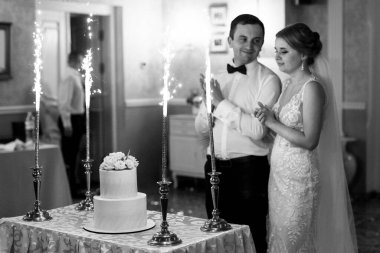 newlyweds happily cut, laugh and taste the wedding cake