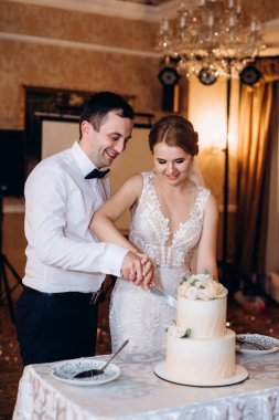 newlyweds happily cut, laugh and taste the wedding cake
