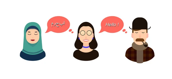 Διεθνή επικοινωνία μετάφραση έννοια εικονογράφηση. τουρίστες ή επιχειρηματίες ή πολιτικοί από αραβικές μιλώντας χώρα και Αγγλία επικοινωνεί μέσω κορίτσι μεταφράστρια και κορίτσι χιτζάμπ — Διανυσματικό Αρχείο