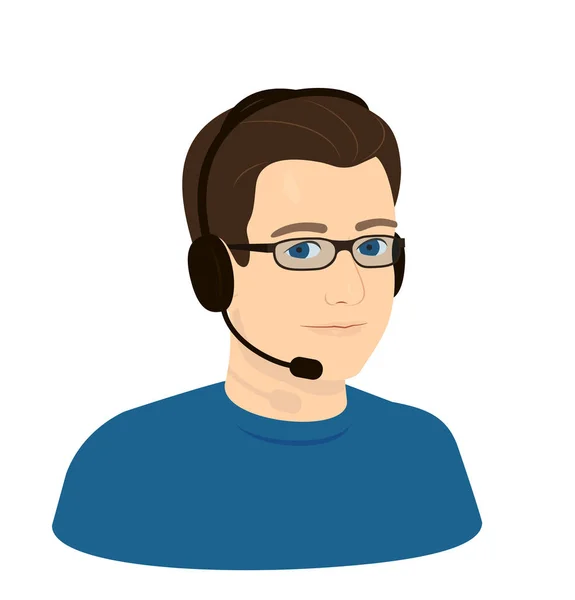 Operador de call center menino homem com óculos e fones de ouvido com microfone - face realista, retrato — Vetor de Stock