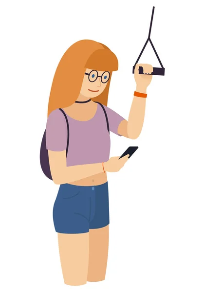 A young girl looks at a smartphone in public transport, standing and holding the handrail, isolated vector — Stock Vector