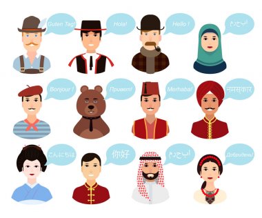 Set - portreler, ulusal kostümleri dünya ülkelerinden farklı milletlerden insanların karikatür avatarları. İnsanlar birbirlerini selamlar lar ve kendi anlarında birbirlerine merhaba derler.