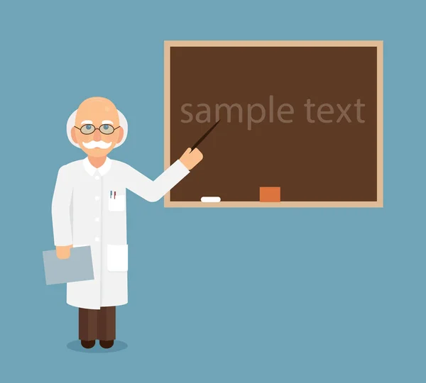 Καθηγητής, επιστήμονας ή γιατρός δείχνει με ένα δείκτη σε ένα κείμενο μαυροπίνακα. — Διανυσματικό Αρχείο