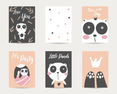 Şirin elle çizilmiş anime tarzı bebek duş kartları, broşür, davetiye ile ayı panda