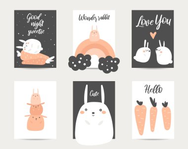 Şirin el çekilmiş anime tarzı bebek duş, Paskalya kartları, broşür, davetiye tavşan ile