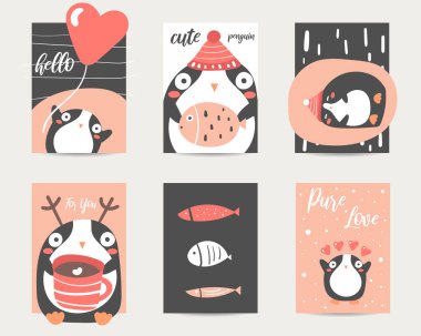 Şirin anime tarzı kartları, broşür, davetiye penguen ile