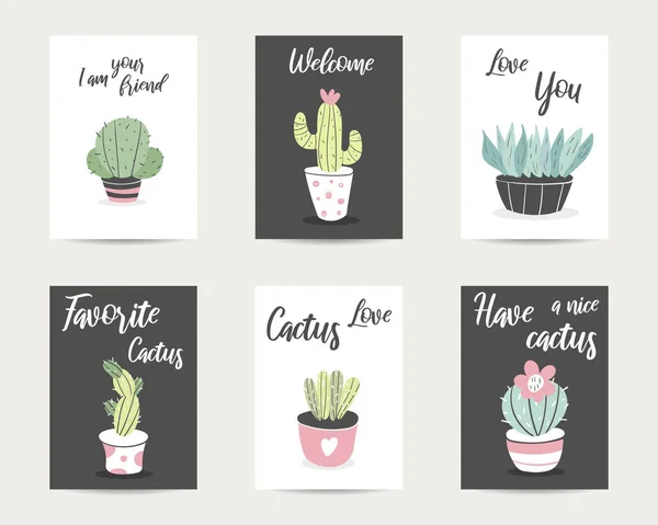 Lindas tarjetas de estilo plano, postales, plantillas, carteles con cactus — Vector de stock