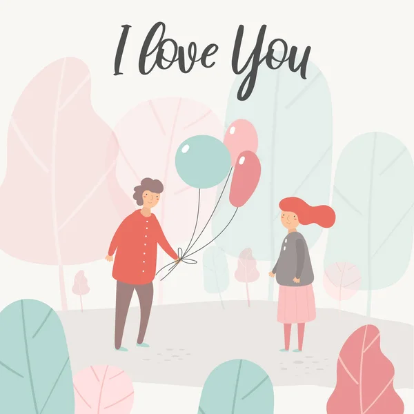 Kaart, briefkaart over liefde, relatie, gevoel, vriendschap met jongen, meisje, ballonnen. — Stockvector