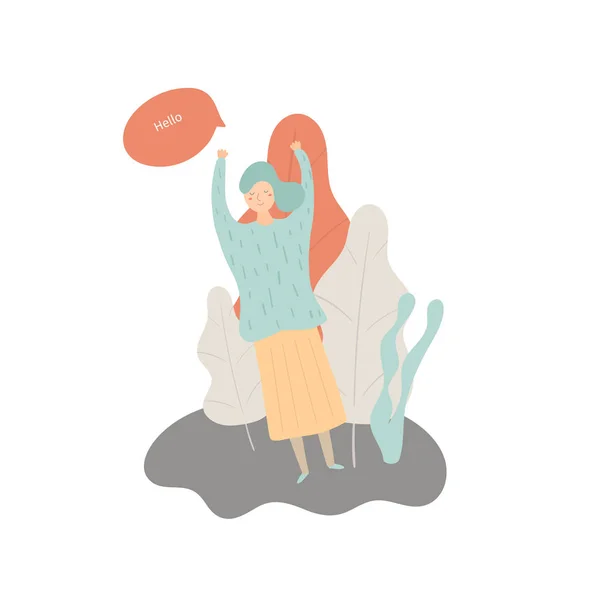 Vlakke stijl hipster meisje omringd met bomen en dialoogvenster zeepbel. — Stockvector