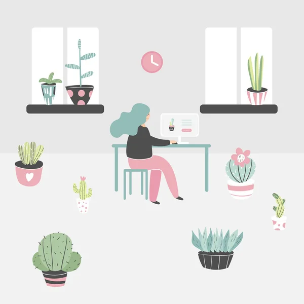 Mujer sentada en la habitación rodeada de cactus — Vector de stock