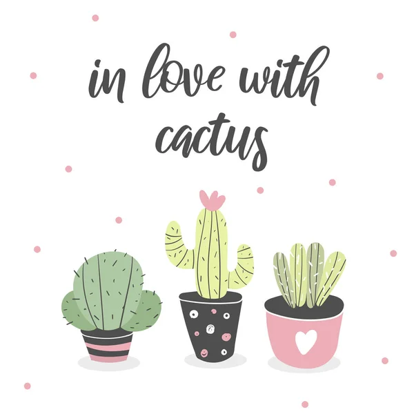 Cactus, suculentas en macetas kawaii. Tarjeta postal con plantas — Archivo Imágenes Vectoriales