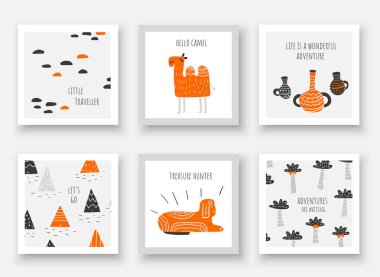 Doodle elle çizilmiş Mısır nesneler. Kartı, kartpostal, duvar resimleri ile deve, Sfenks, vazolar, piramitler, çocuklar için palmiyeler