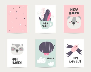 Bebek duş şirin kartları, kartpostallar, Davetiyeler, kuş, bulut, koala, rakun, zeppelin, sayfaları komik kapak çocuklar için yeni doğan bebek, tırnak yazı bitkilerle Kupası