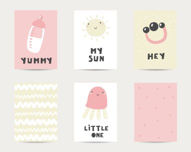 Bebek duş şirin kartları, kartpostallar, Davetiyeler, sayfaları süt şişesi, güneş, jöle balık, çıngırak, tırnak nefis, yazı güneşim, hey, küçük bir komik kapak çocuklar için