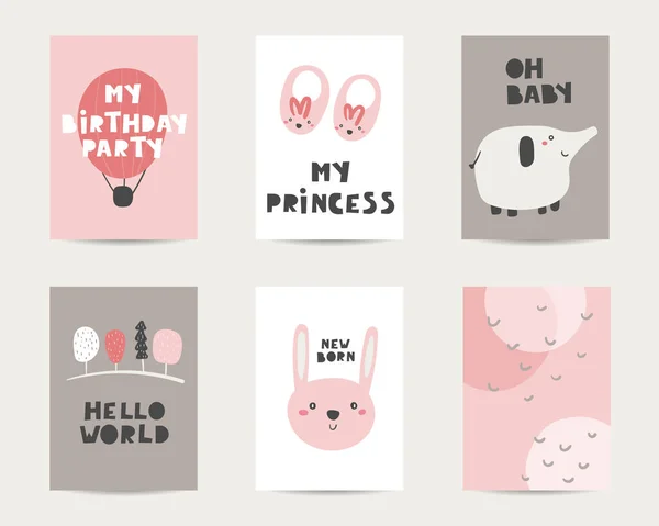 Baby Shower Χαριτωμένο Κάρτες Ευχετήριες Κάρτες Προσκλήσεις Σελίδες Αερόστατο Ελέφαντα — Διανυσματικό Αρχείο