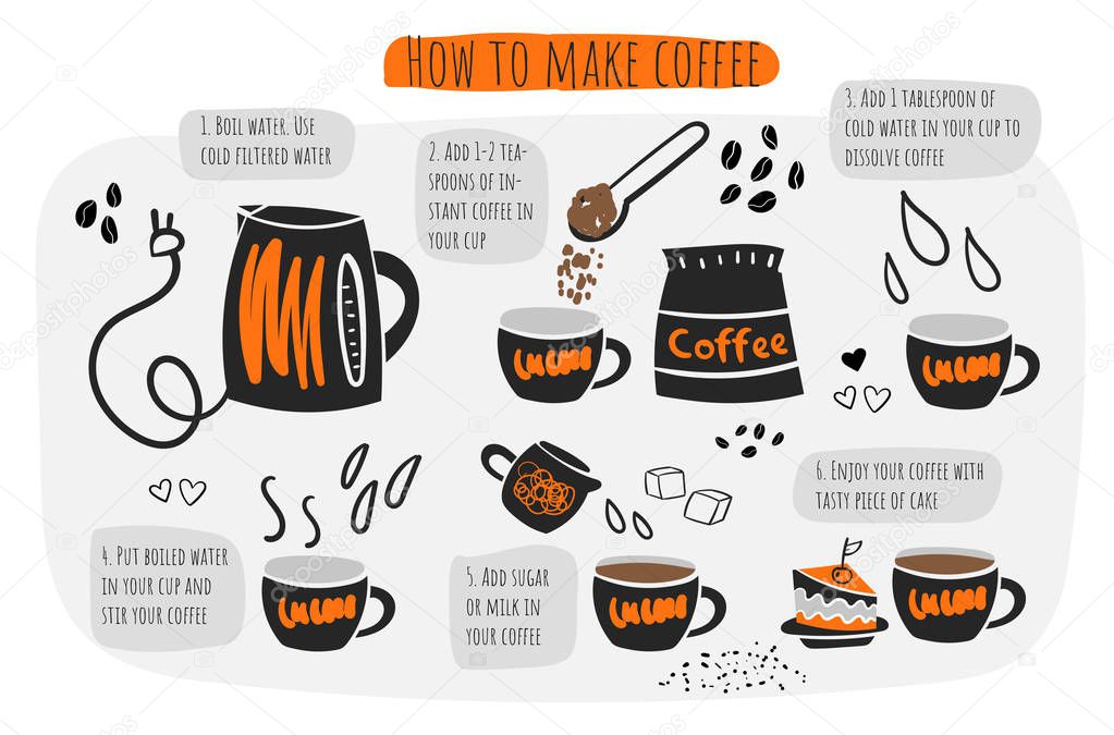 How to make coffee infographic, instructions, steps, advises. Doodle hand drawn cup, spoon, pot, water, piece of cake sugar