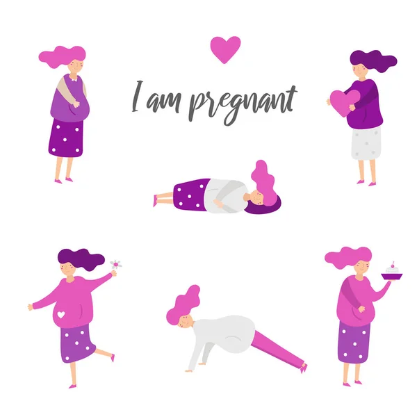 Pregnant woman set including woman with heart, flower, food, woman doing fitness, sleeping woman. — Stock Vector