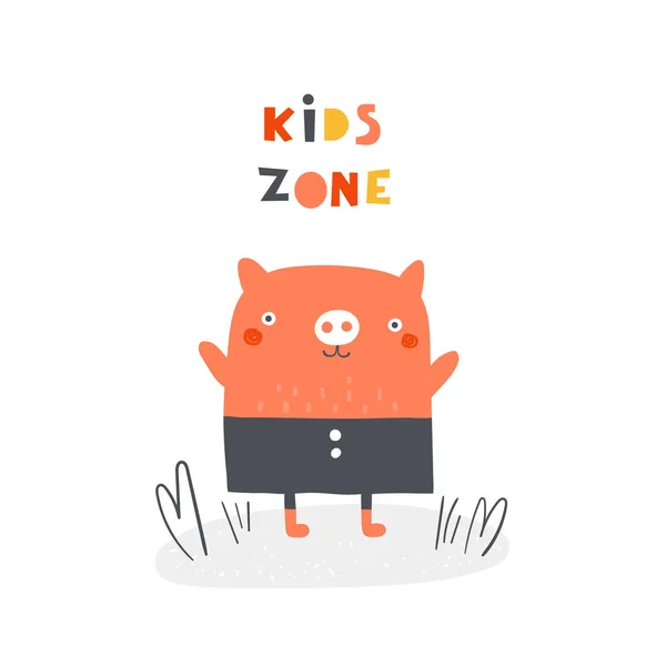 Schattig varken met belettering quote Kids zone. Achtergrond, kaart, prentbriefkaar, banner met funny animal — Stockvector