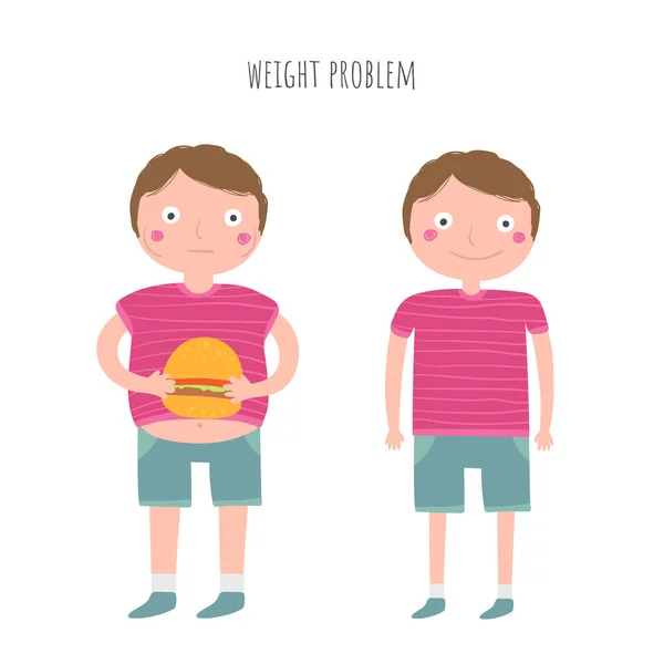 Conjunto de rapazes gordos e saudáveis. Problema de peso ilustração . —  Vetores de Stock