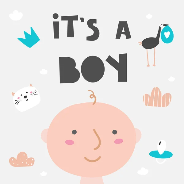 É um cartão de menino, cartão postal, banner com menino recém-nascido, gato, mamilo, cegonha, nuvem, coroa . —  Vetores de Stock