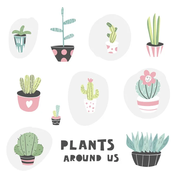 Cute platte stijl kaarten, ansichtkaarten, sjablonen, posters met Cactus, sappige in kawaii potten — Stockvector