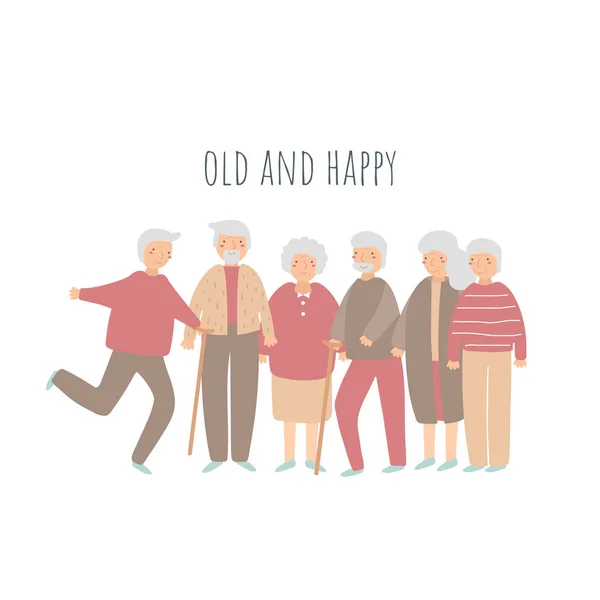 Oude mensen, senioren, gepensioneerden ingesteld. Grootmoeders, grootvaders collectie. Happy gepensioneerden dansen — Stockvector