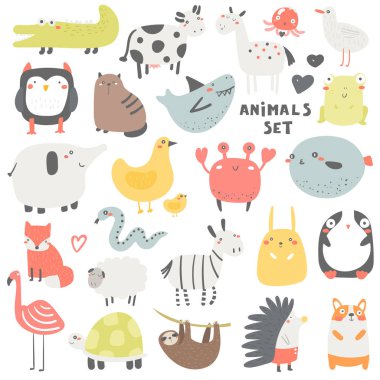 Doodle hayvanlar baykuş, timsah, sığır, kedi, köpekbalığı, at, jöle balık, kurbağa, martı, fil, tavuk dahil set
