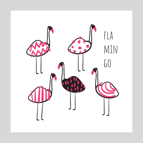 Flamingo with different patterns collection. Card, postcard, print, wall poster with pink birds — Stock Vector