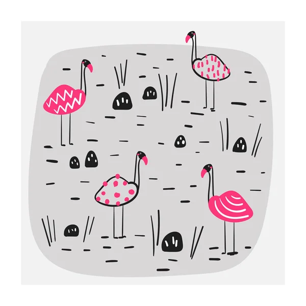 Illustration of group of pink flamingos in the lake. Card, postcard, print, poster, background with funny doodle birds — Stock Vector