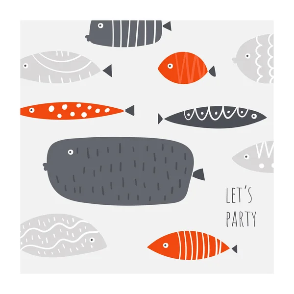 Divertido conjunto de peces garabato. Tarjeta, postal, impresión, póster, fondo con peces tropicales submarinos — Vector de stock